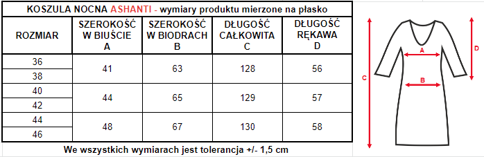 Wymiary koszuli nocnej ashanti